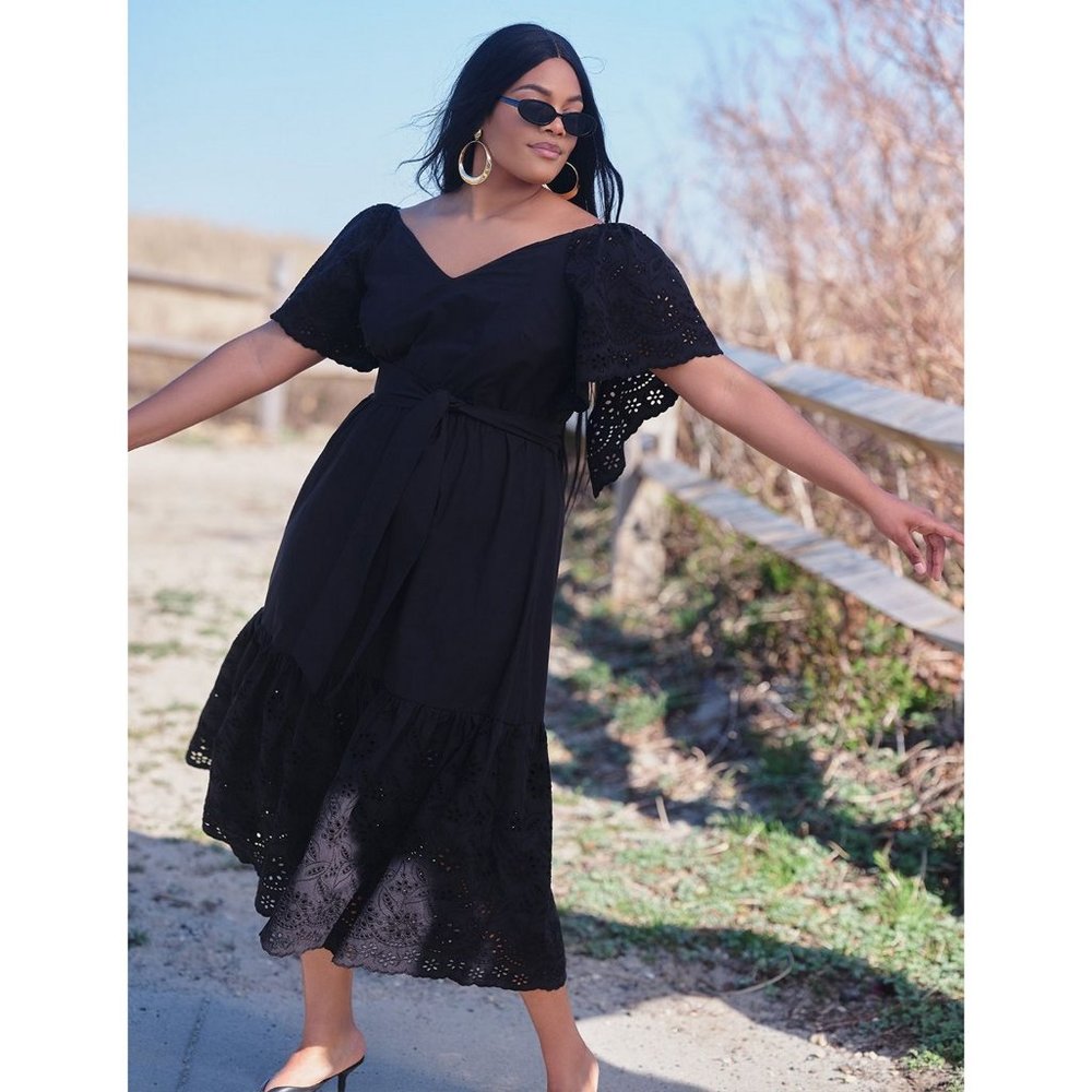 🖤 Eloquii Black Flutter Sleeve Eyelet Maxi Dress 22